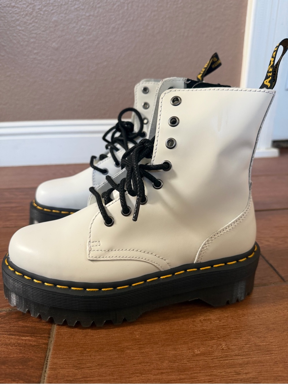 Dr. Martens Cream Leather Platform Lace-Up Boots with Black Laces